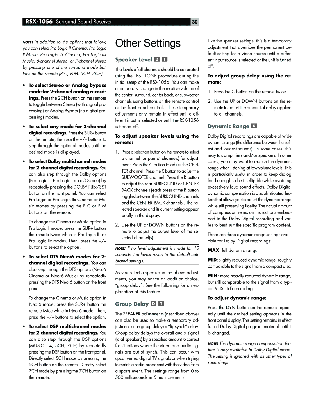 Rotel RSX-1056 owner manual Other Settings, Speaker Level, Group Delay, Dynamic Range 