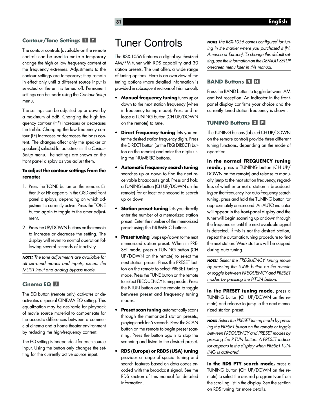 Rotel RSX-1056 Tuner Controls, Contour/Tone Settings, Cinema EQ, To adjust the contour settings from the remote 