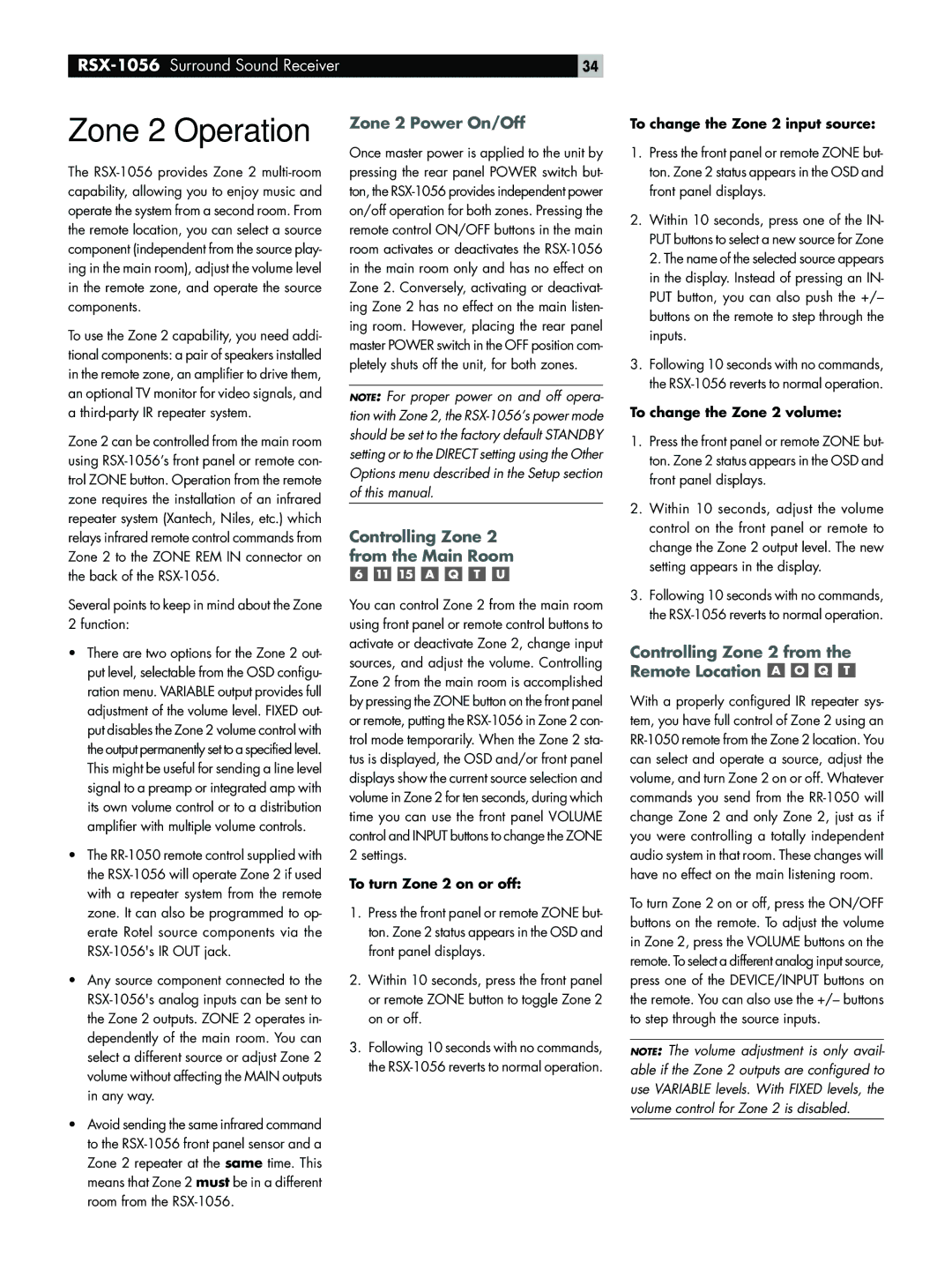 Rotel RSX-1056 owner manual Zone 2 Operation, Zone 2 Power On/Off, Controlling Zone 2 from the Main Room 