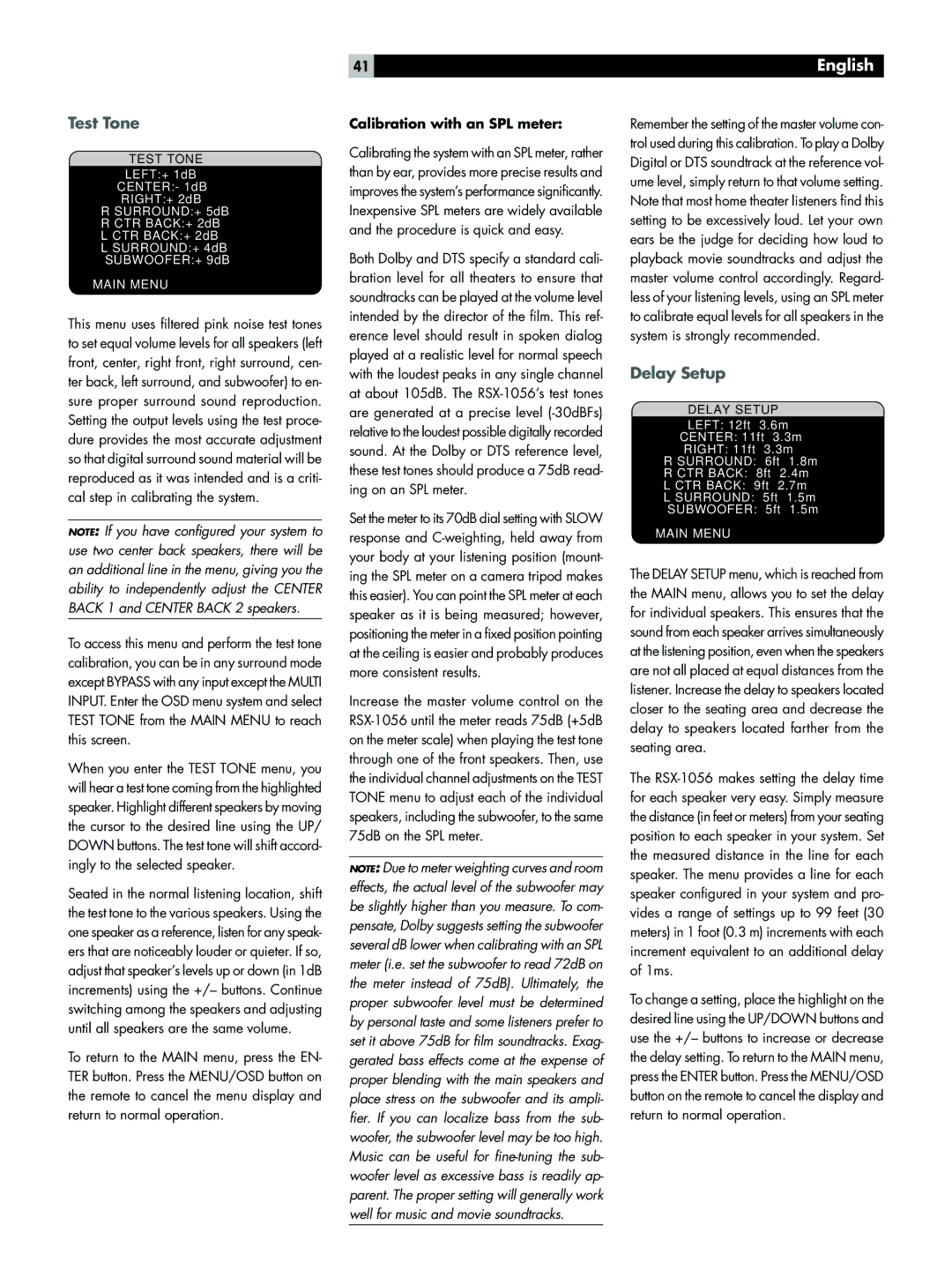 Rotel RSX-1056 owner manual Test Tone, Delay Setup, Calibration with an SPL meter 