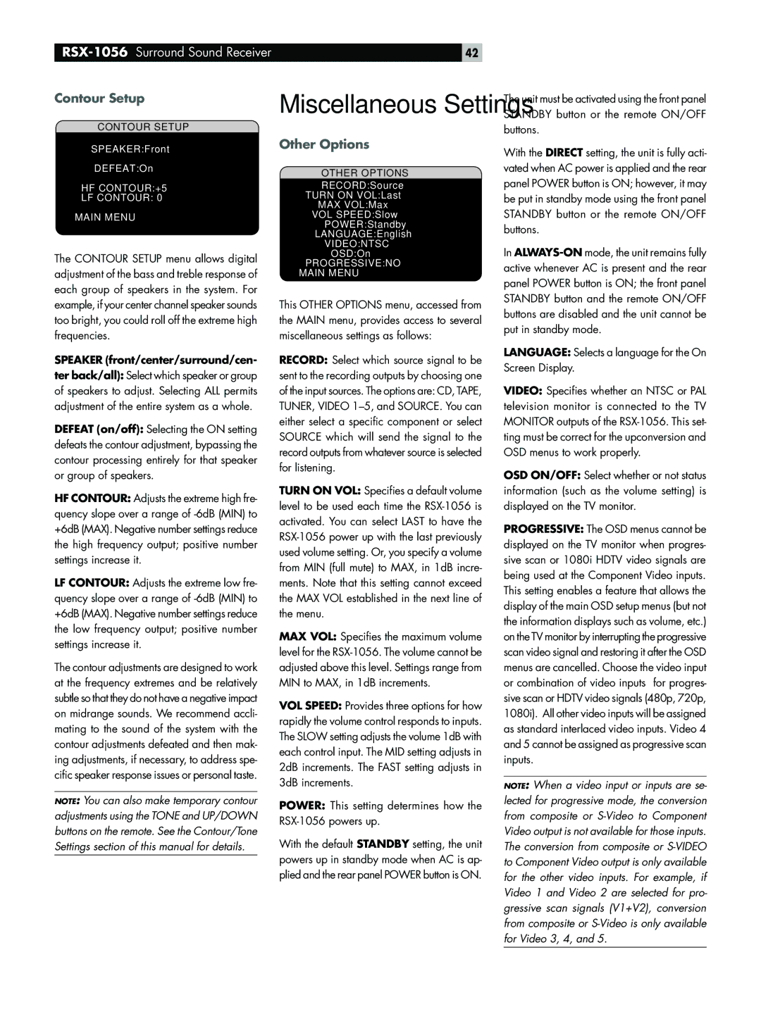 Rotel RSX-1056 owner manual Contour Setup, Other Options, Speaker front/center/surround/cen 