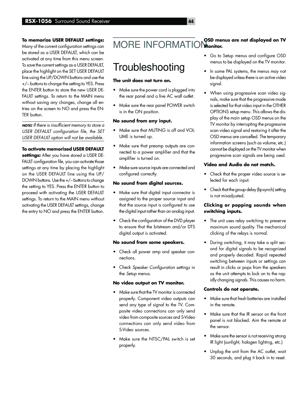 Rotel RSX-1056 owner manual Troubleshooting 