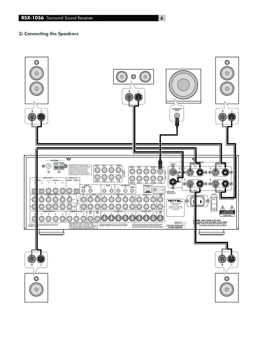 Rotel owner manual RSX-1056 Surround Sound Receiver, Connecting the Speakers 