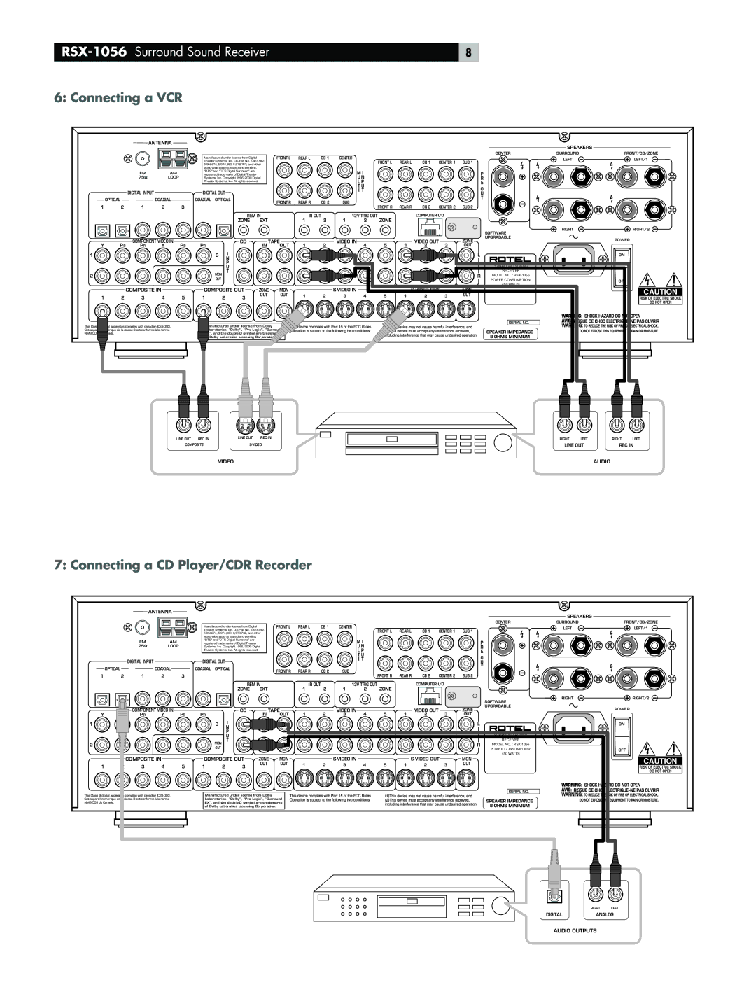 Rotel RSX-1056 owner manual Connecting a VCR, Connecting a CD Player/CDR Recorder 