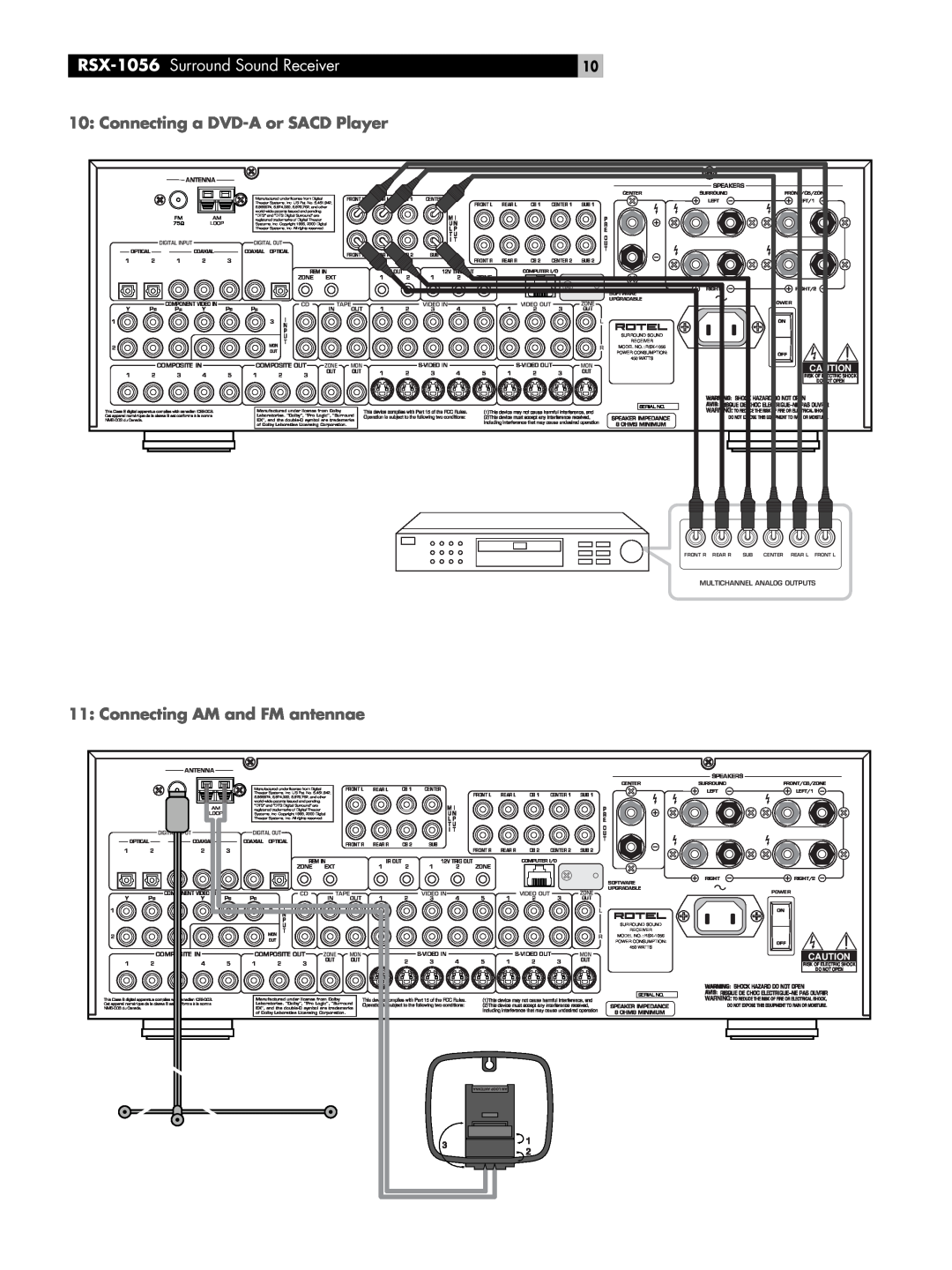 Rotel owner manual Connecting a DVD-Aor SACD Player, Connecting AM and FM antennae, RSX-1056 Surround Sound Receiver 