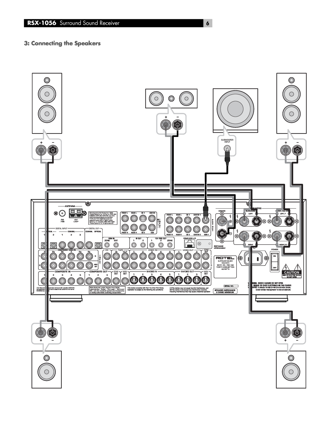 Rotel owner manual 3: Connecting the Speakers, RSX-1056 Surround Sound Receiver 