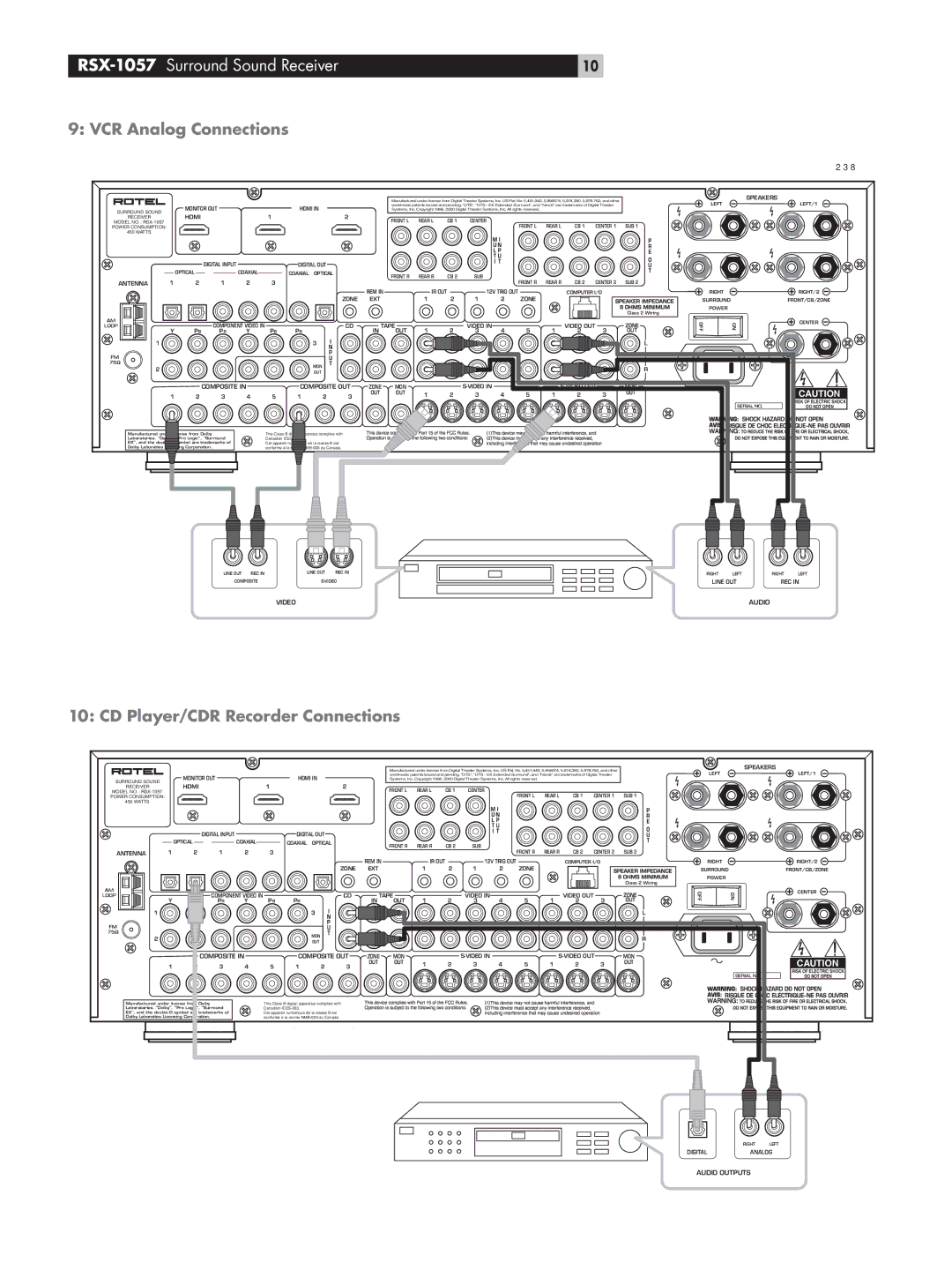 Rotel RSX-1057 owner manual VCR Analog Connections CD Player/CDR Recorder Connections, Monitor OUT Hdmi 