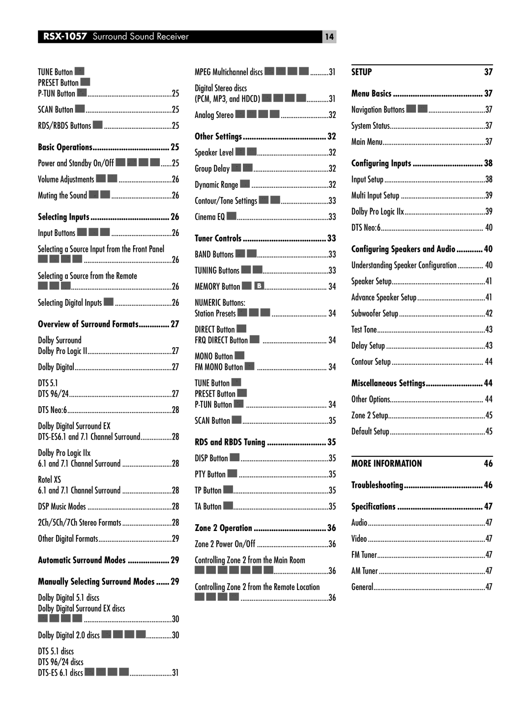 Rotel RSX-1057 owner manual Menu Basics, Speciﬁcations 