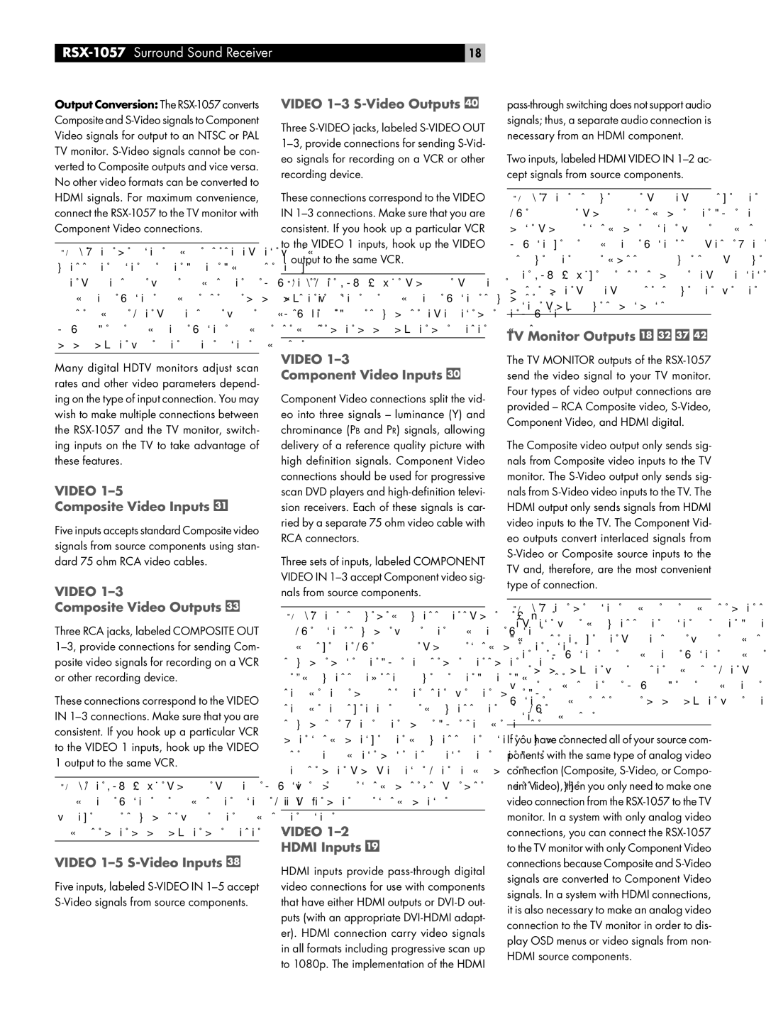 Rotel RSX-1057 Composite Video Inputs, Composite Video Outputs, Video 1-5 S-Video Inputs, Video 1-3 S-Video Outputs 