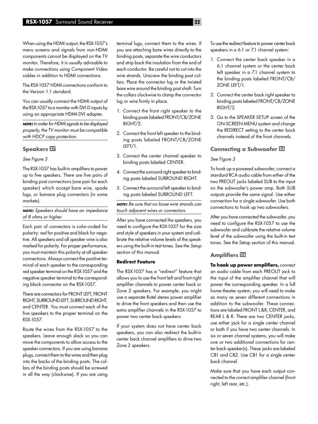 Rotel RSX-1057 owner manual Speakers, Connecting a Subwoofer, Ampliﬁers, Redirect Feature 