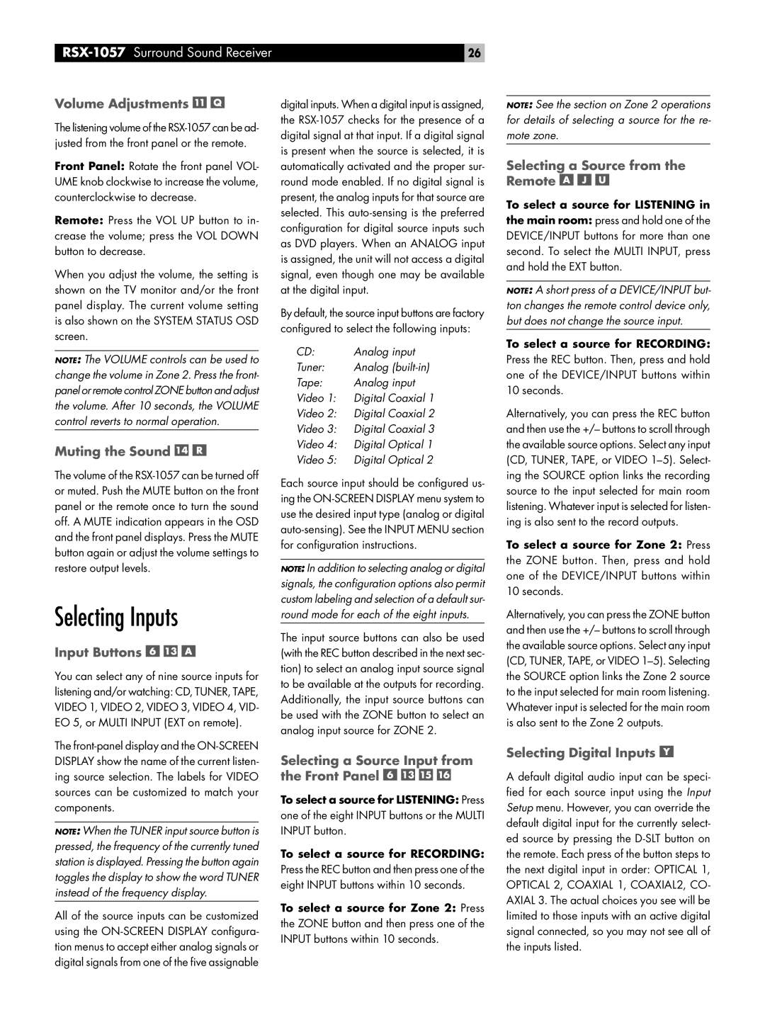 Rotel RSX-1057 owner manual Selecting Inputs 