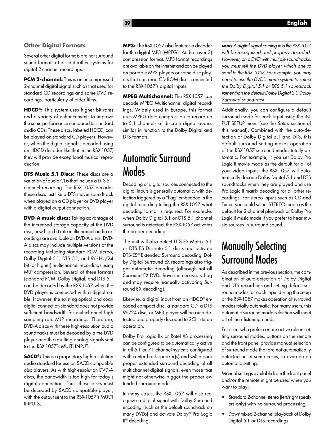 Rotel RSX-1057 owner manual Manually Selecting Surround Modes, Other Digital Formats 