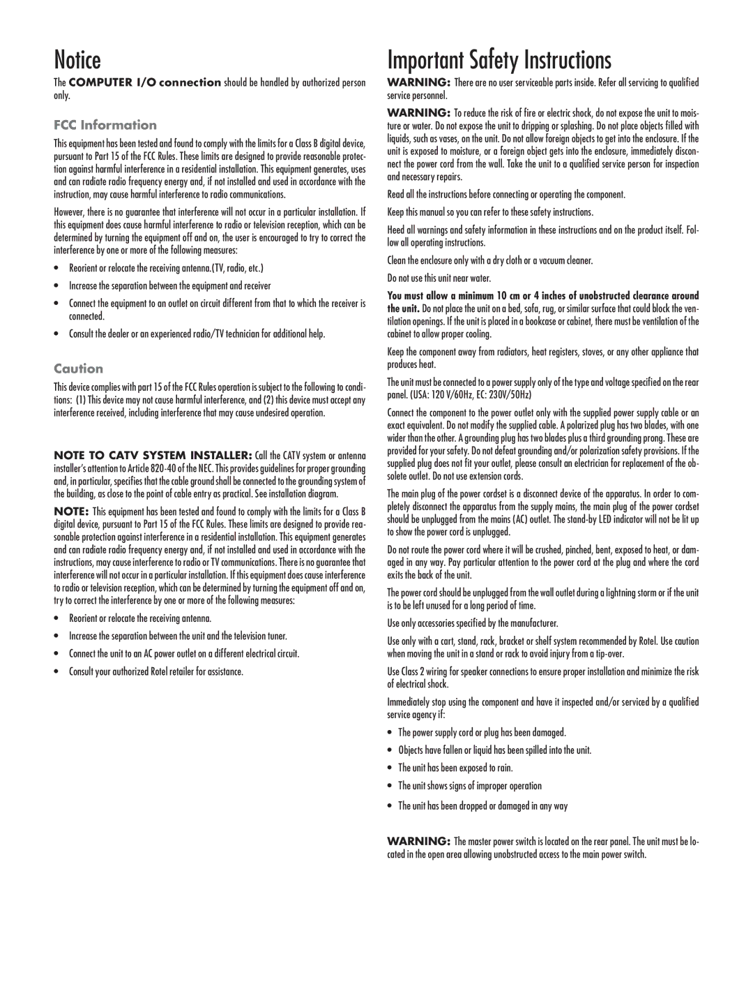 Rotel RSX-1057 owner manual Important Safety Instructions, FCC Information 