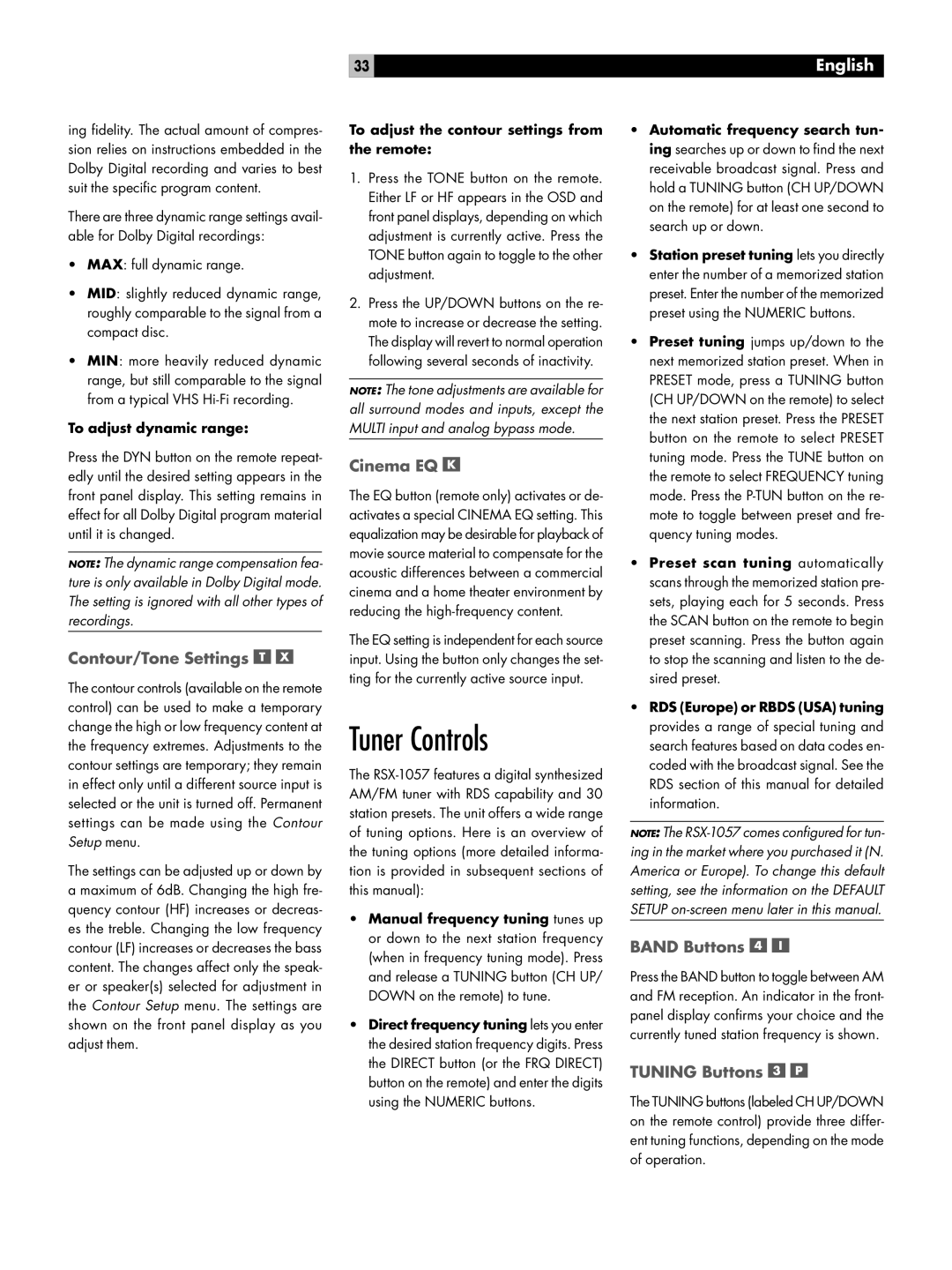 Rotel RSX-1057 owner manual Tuner Controls, Contour/Tone Settings, Cinema EQ, To adjust dynamic range 