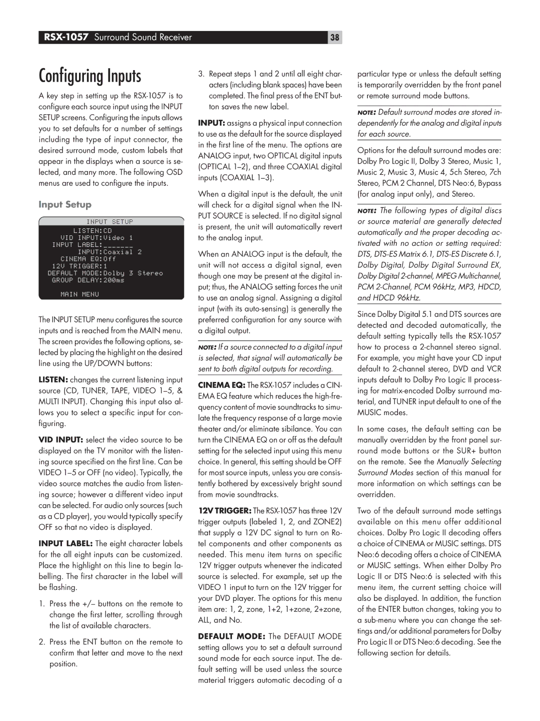 Rotel RSX-1057 owner manual Conﬁguring Inputs, Input Setup 