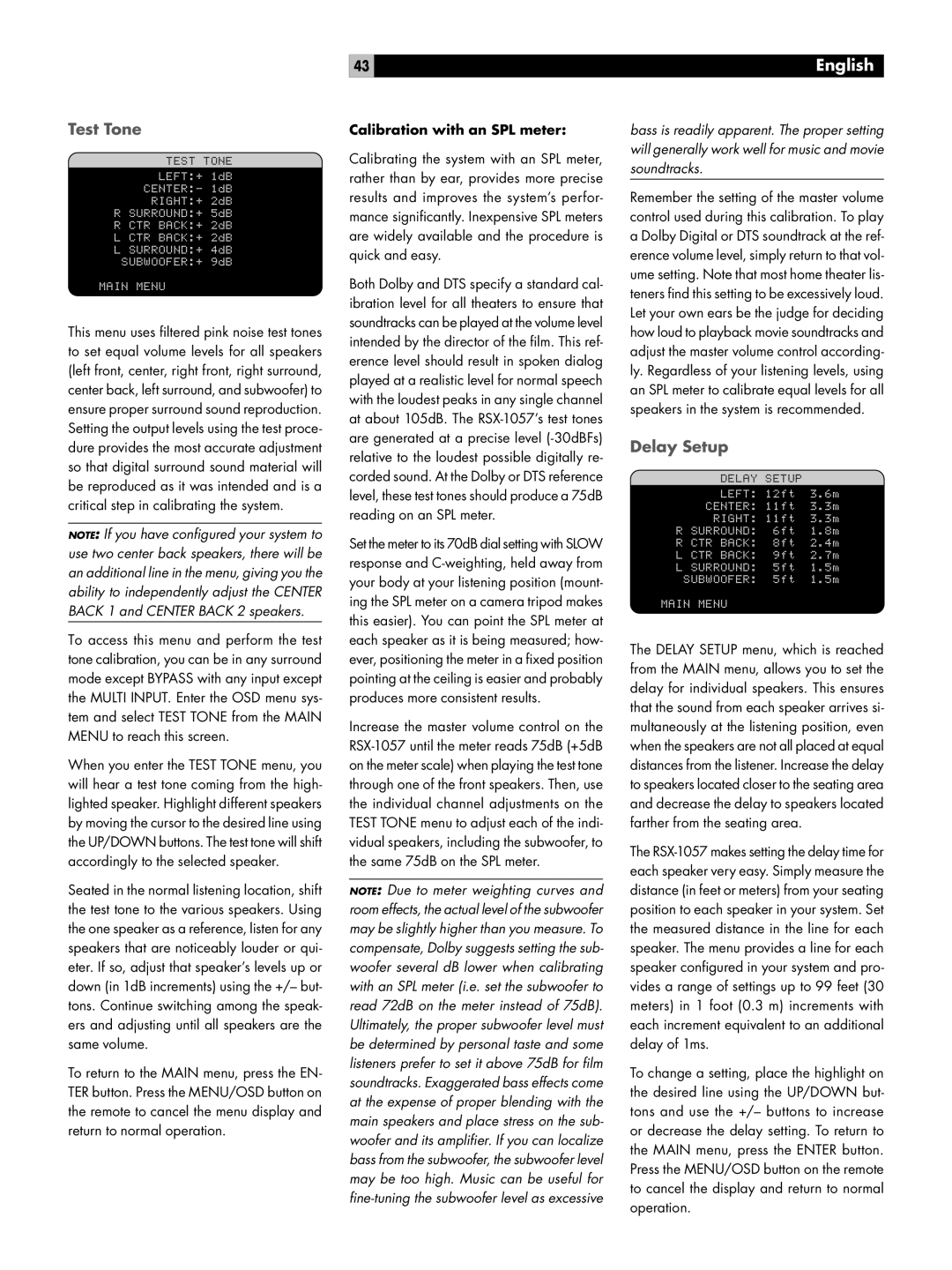 Rotel RSX-1057 owner manual Test Tone, Delay Setup, Calibration with an SPL meter 