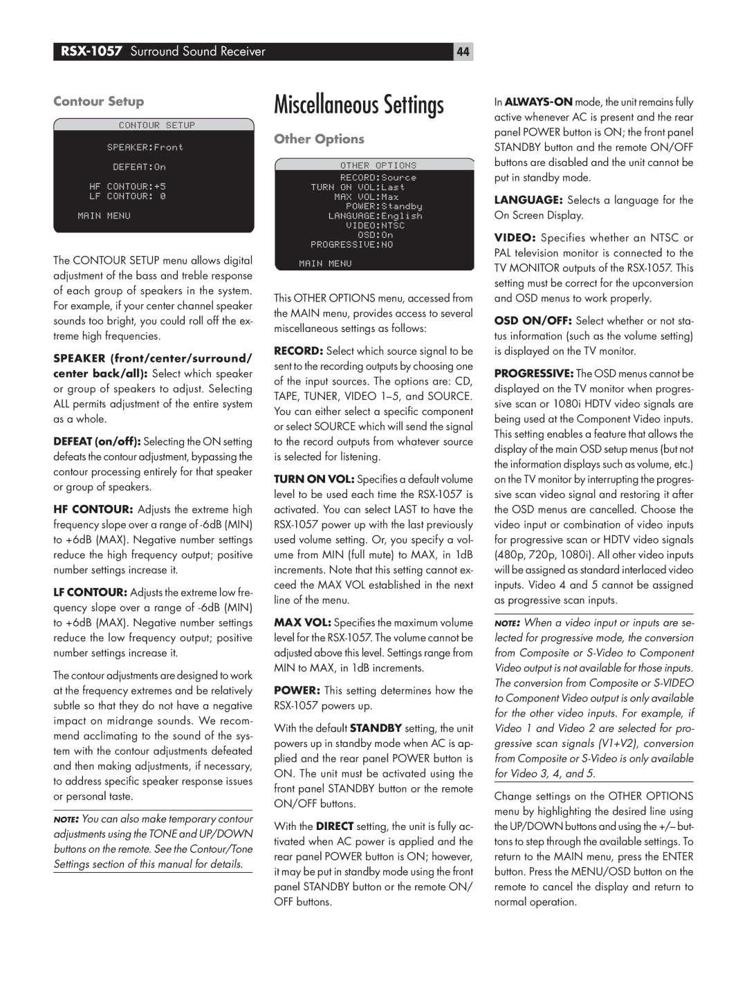 Rotel RSX-1057 owner manual Contour Setup, Other Options 