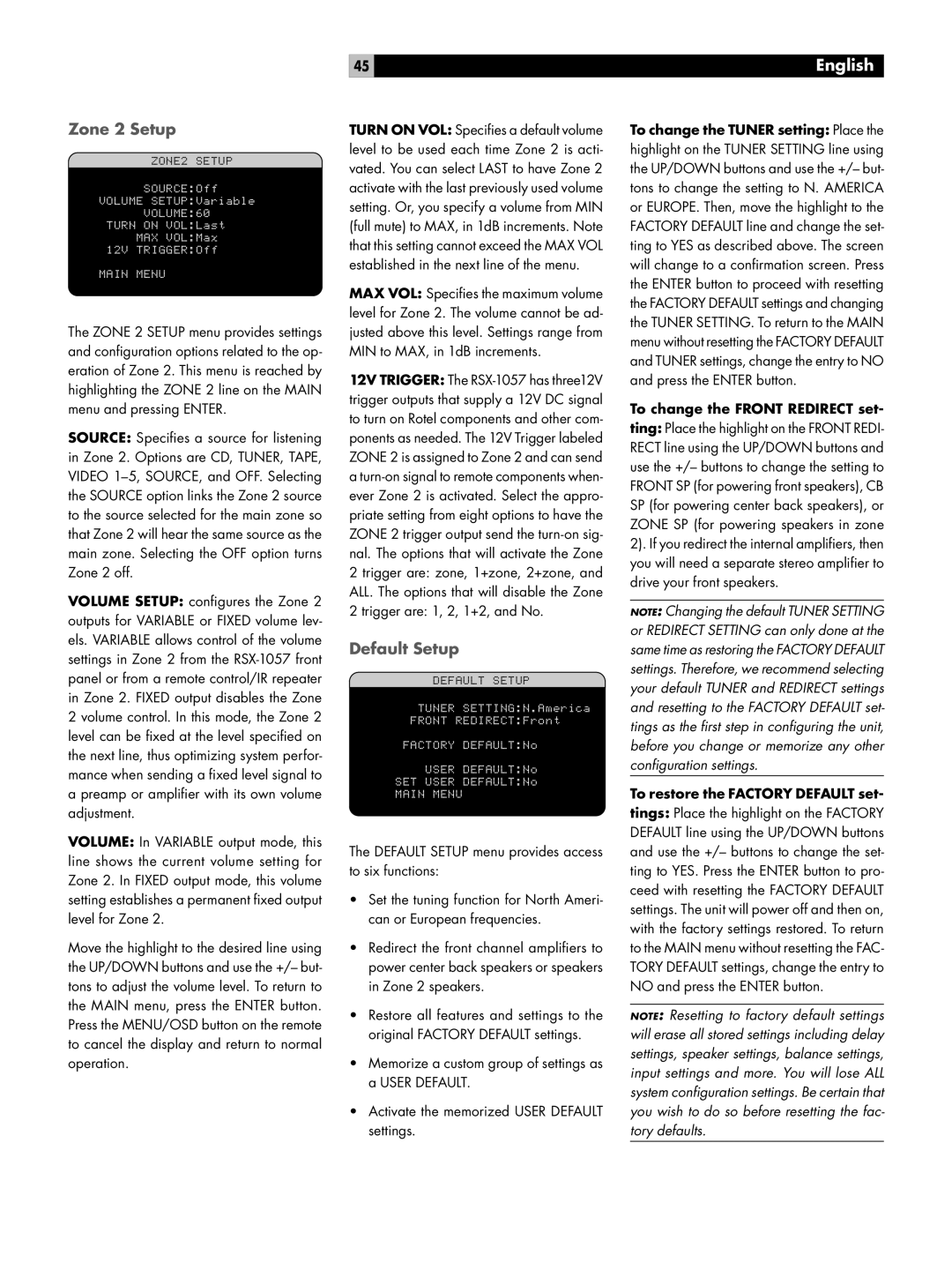 Rotel RSX-1057 owner manual Zone 2 Setup, Default Setup 