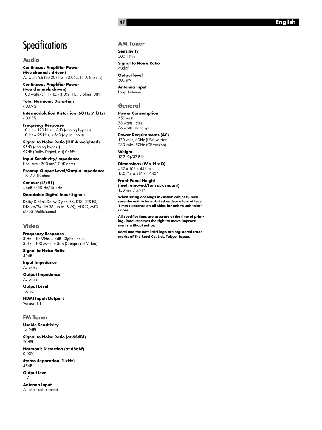 Rotel RSX-1057 owner manual Speciﬁcations 