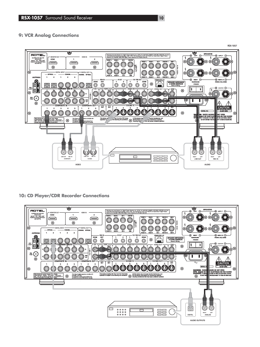 Rotel owner manual 9: VCR Analog Connections, 10: CD Player/CDR Recorder Connections, RSX-1057 Surround Sound Receiver 