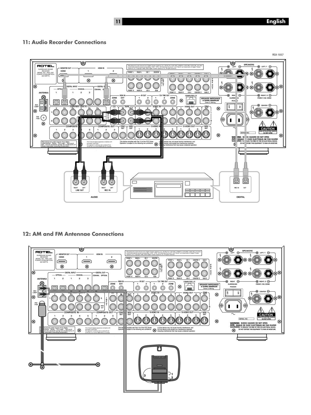 Rotel RSX-1057 owner manual 11: Audio Recorder Connections, 12: AM and FM Antennae Connections, English 