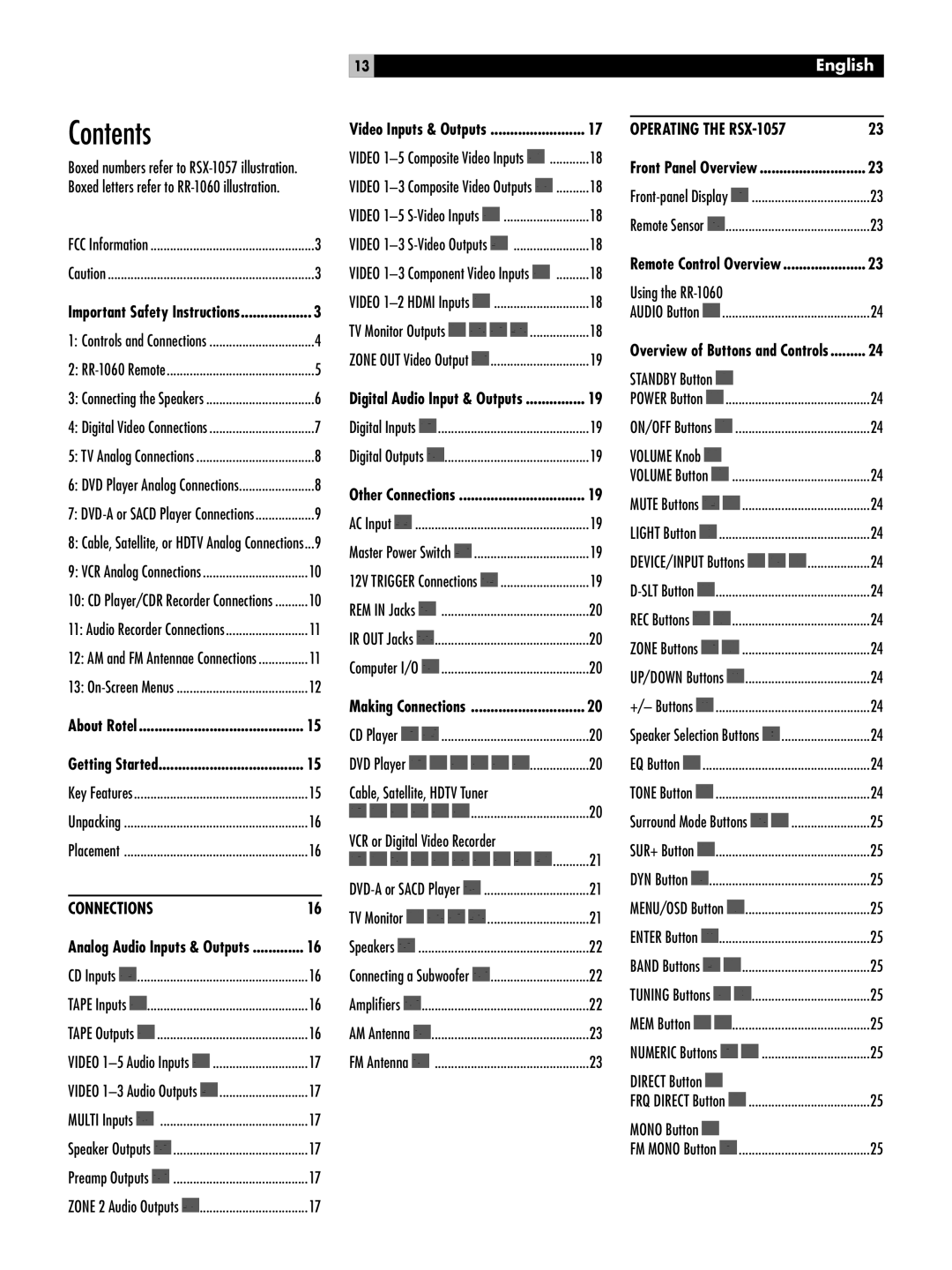 Rotel owner manual Contents, Connections, OPERATING THE RSX-1057, English 
