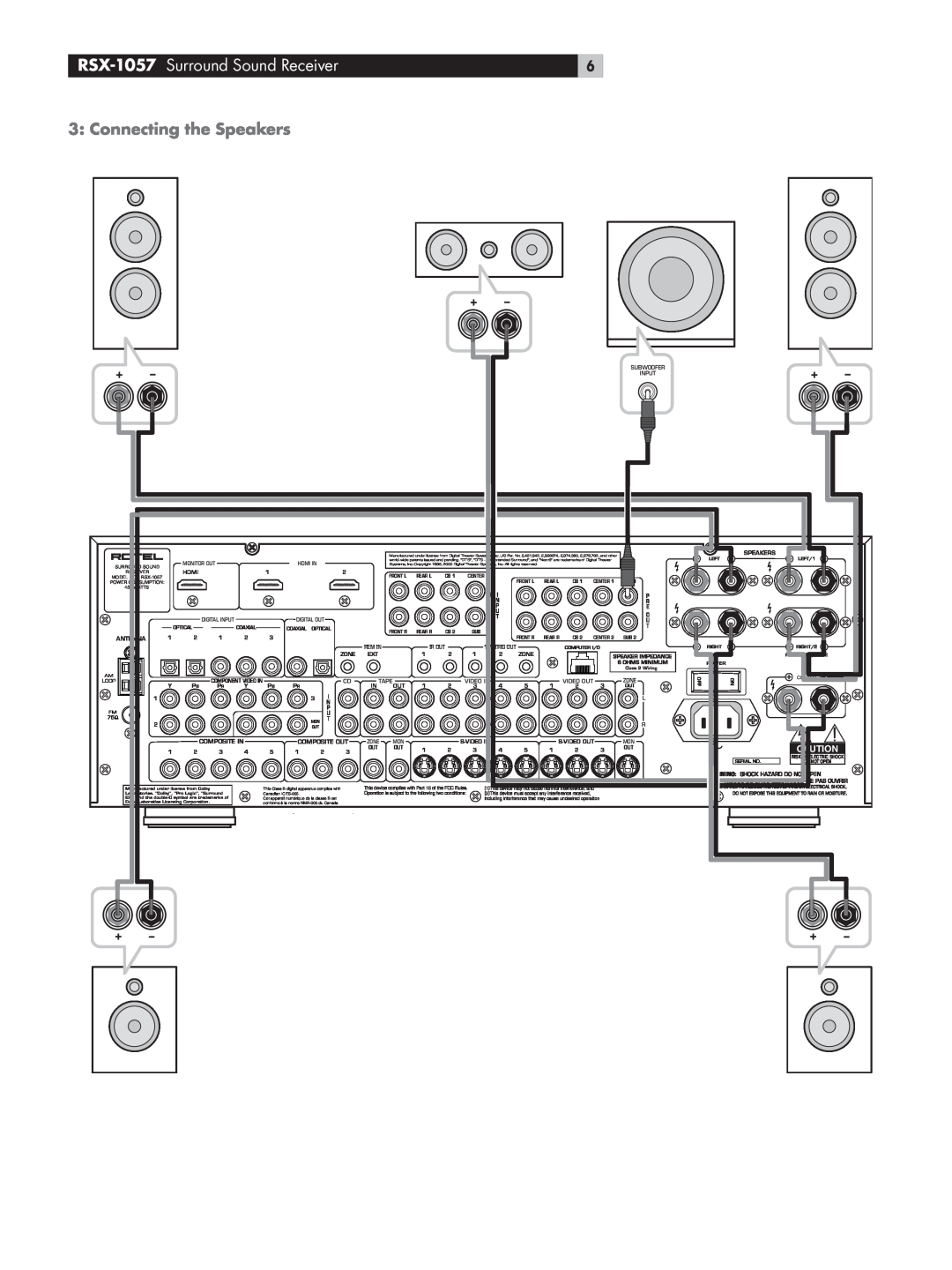 Rotel owner manual 3: Connecting the Speakers, RSX-1057 Surround Sound Receiver 