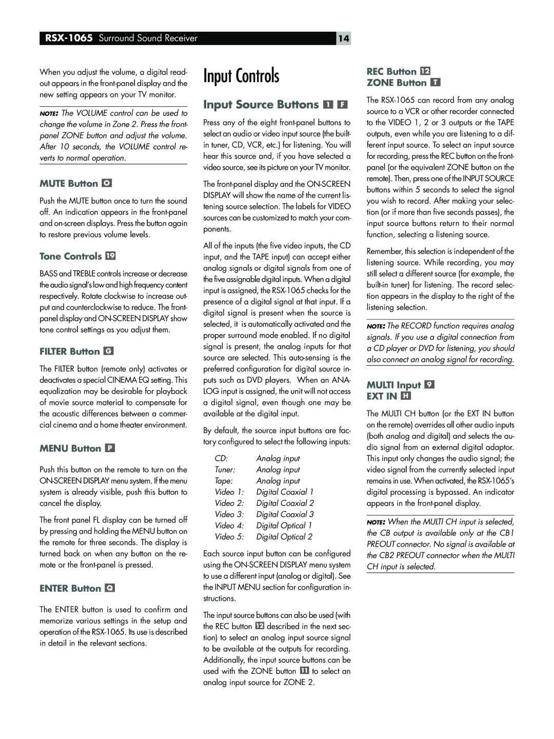 Rotel RSX-1065 owner manual Input Controls 