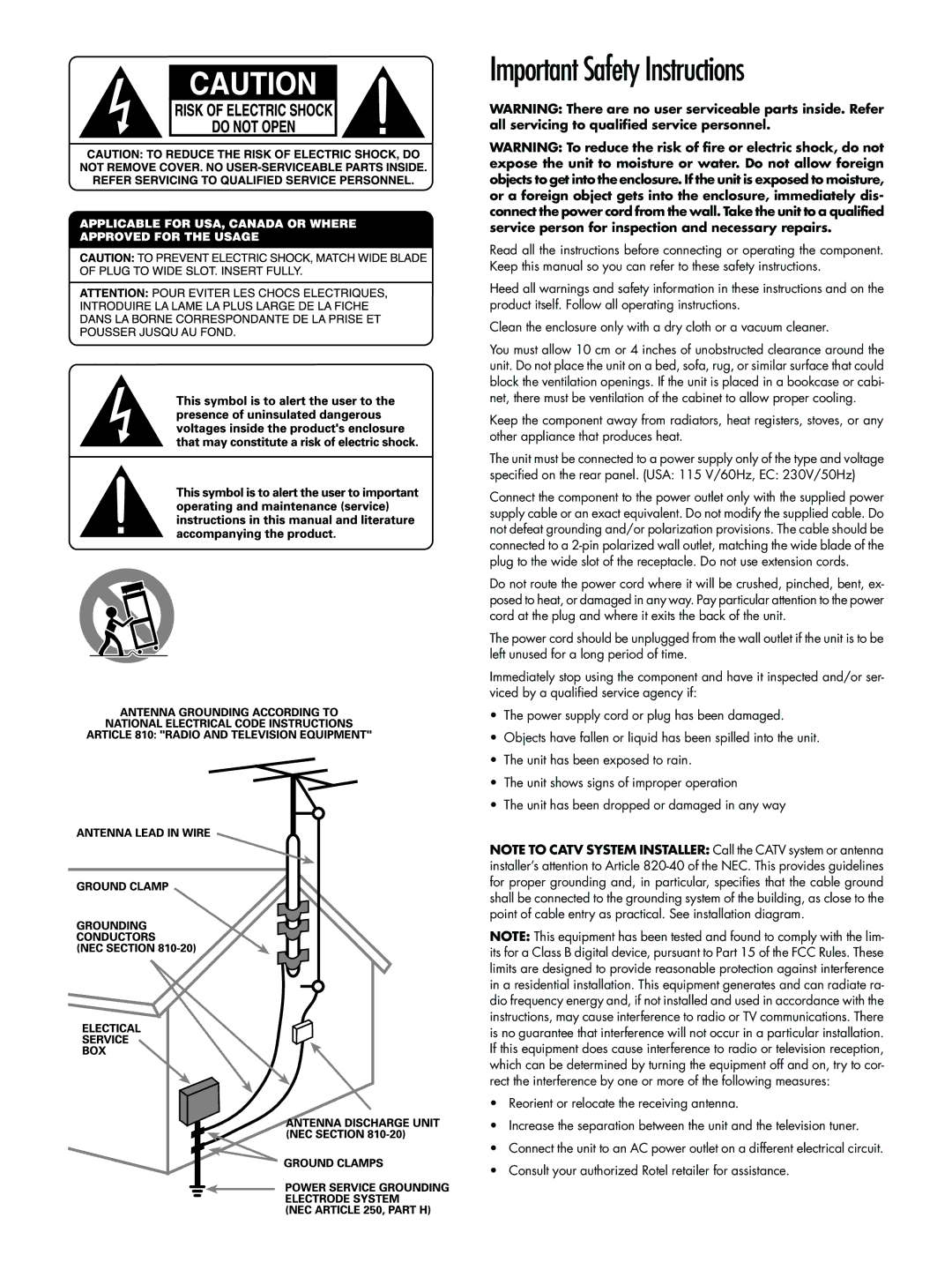 Rotel RSX-1065 owner manual Important Safety Instructions 