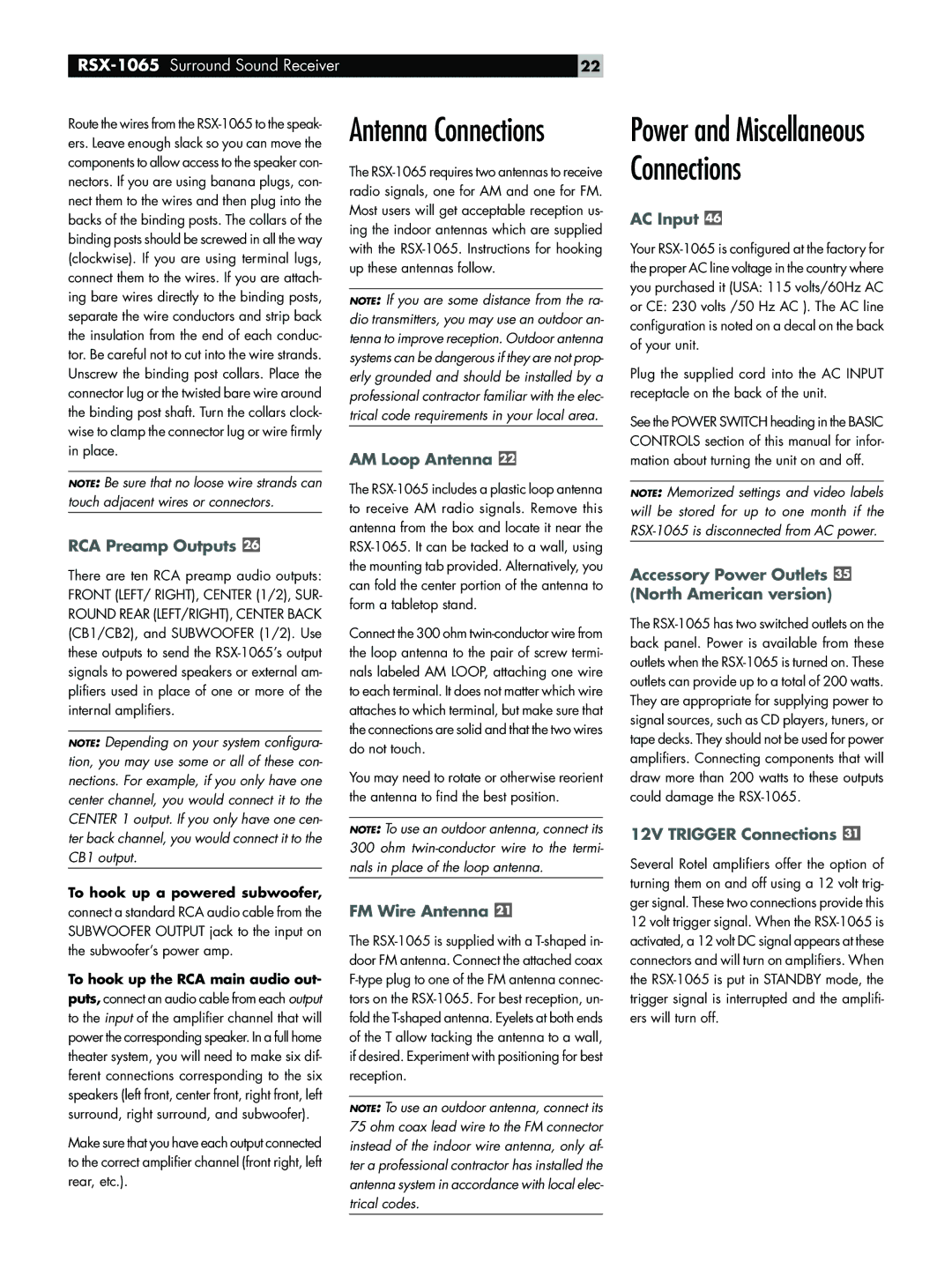 Rotel RSX-1065 owner manual RCA Preamp Outputs, AM Loop Antenna, FM Wire Antenna, AC Input, 12V Trigger Connections 