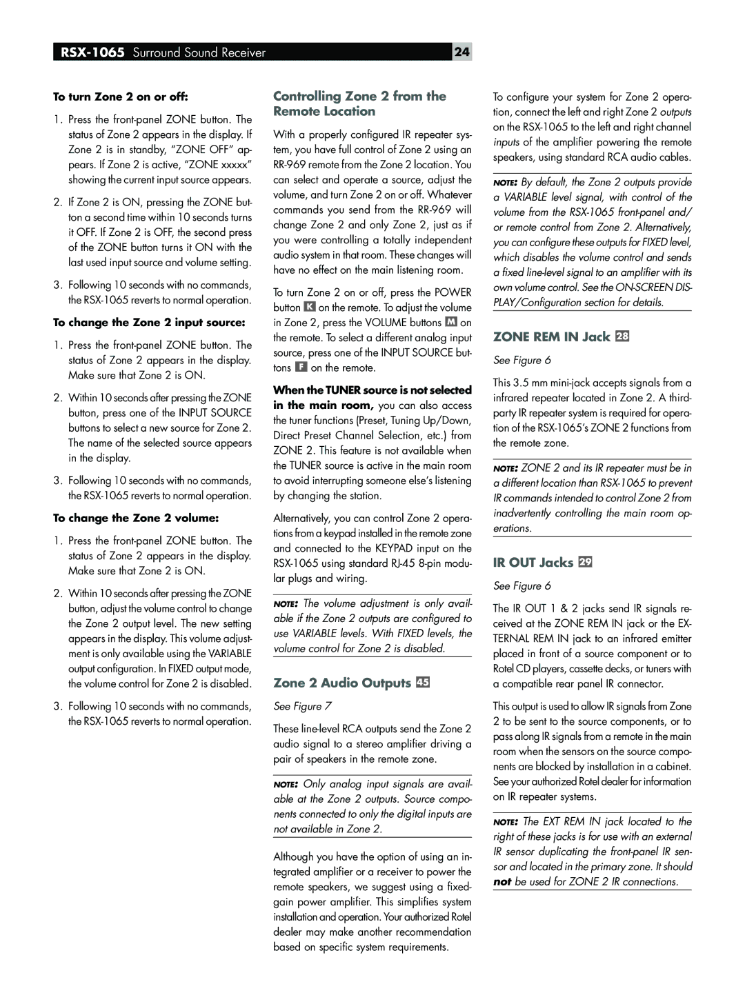 Rotel RSX-1065 Controlling Zone 2 from the Remote Location, Zone 2 Audio Outputs, Zone REM in Jack, IR OUT Jacks 
