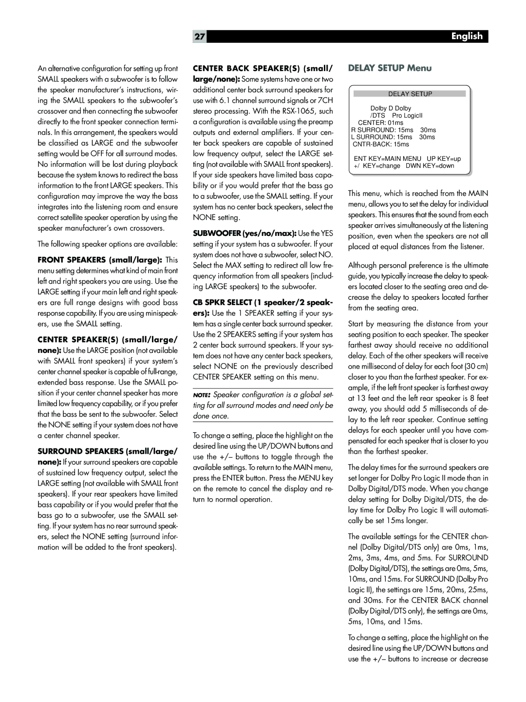 Rotel RSX-1065 Delay Setup Menu, Center Speakers small/large, Surround Speakers small/large, Center Back Speakers small 