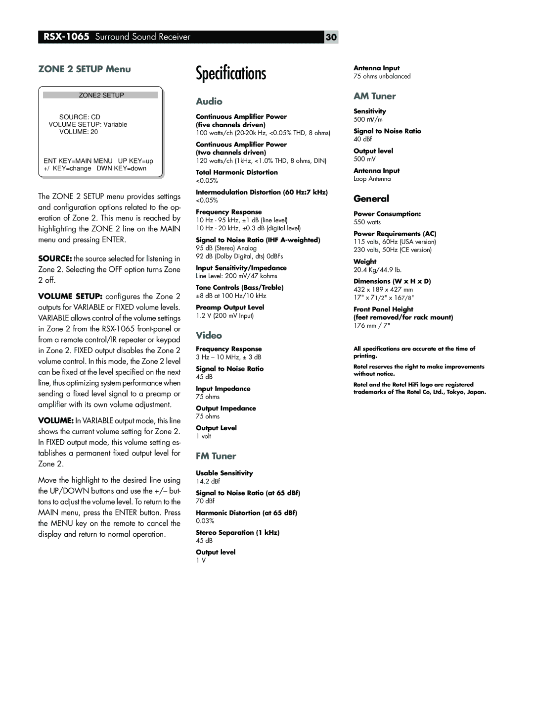Rotel RSX-1065 owner manual Zone 2 Setup Menu, Audio, AM Tuner, Video, FM Tuner 
