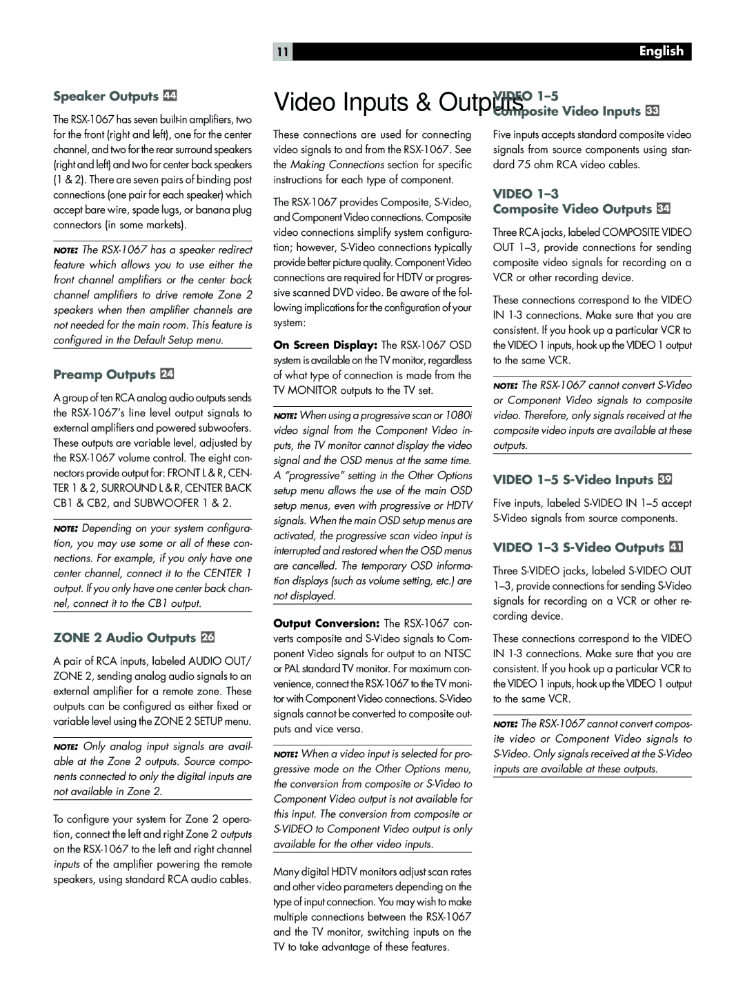 Rotel RSX-1067 Speaker Outputs, Preamp Outputs, Zone 2 Audio Outputs, Composite Video Inputs, Composite Video Outputs 