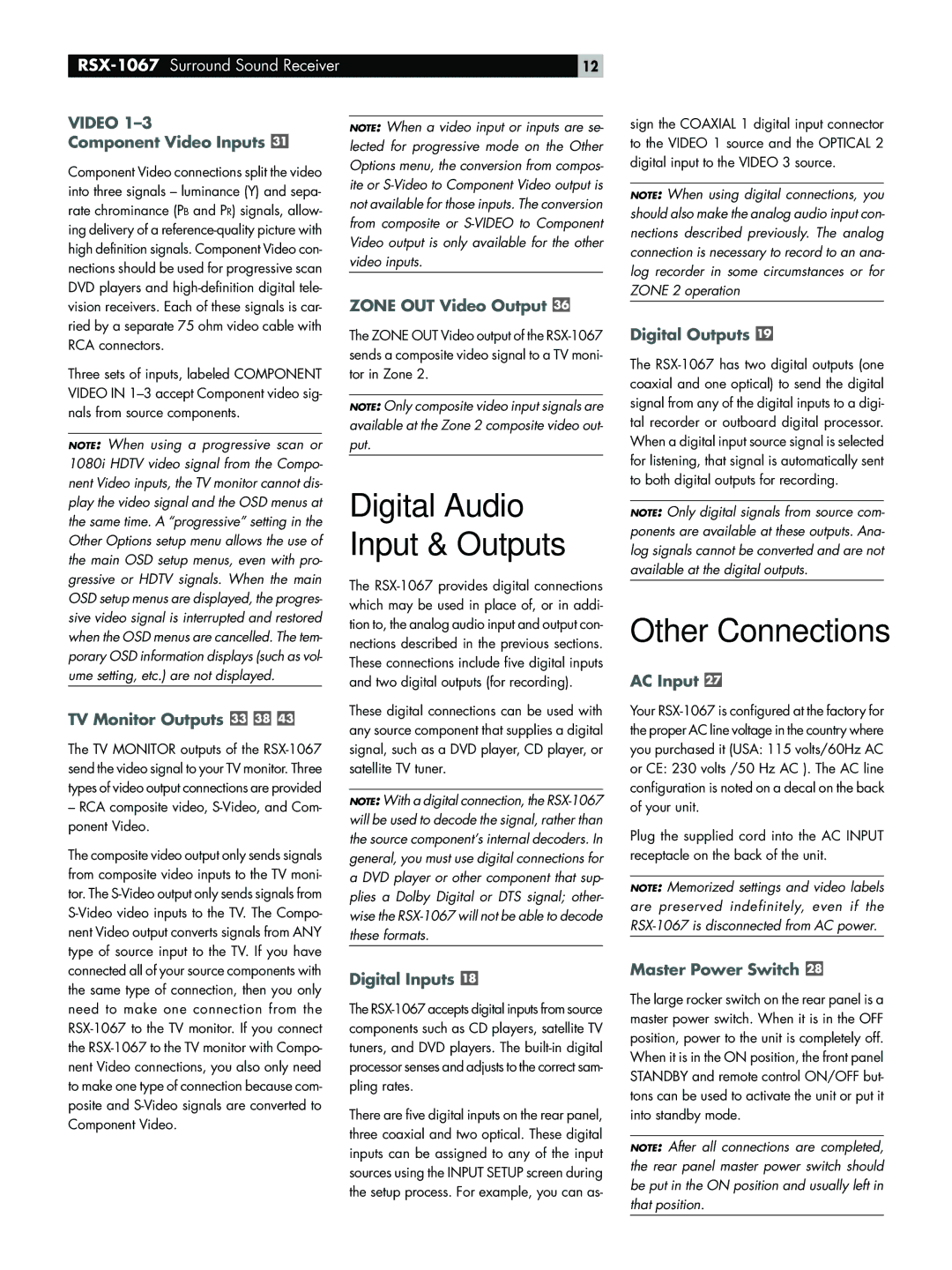 Rotel RSX-1067 owner manual Digital Audio Input & Outputs, Other Connections 