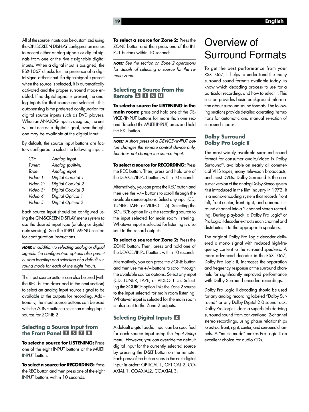 Rotel RSX-1067 Overview Surround Formats, Selecting a Source Input from the Front Panel, Selecting Digital Inputs 