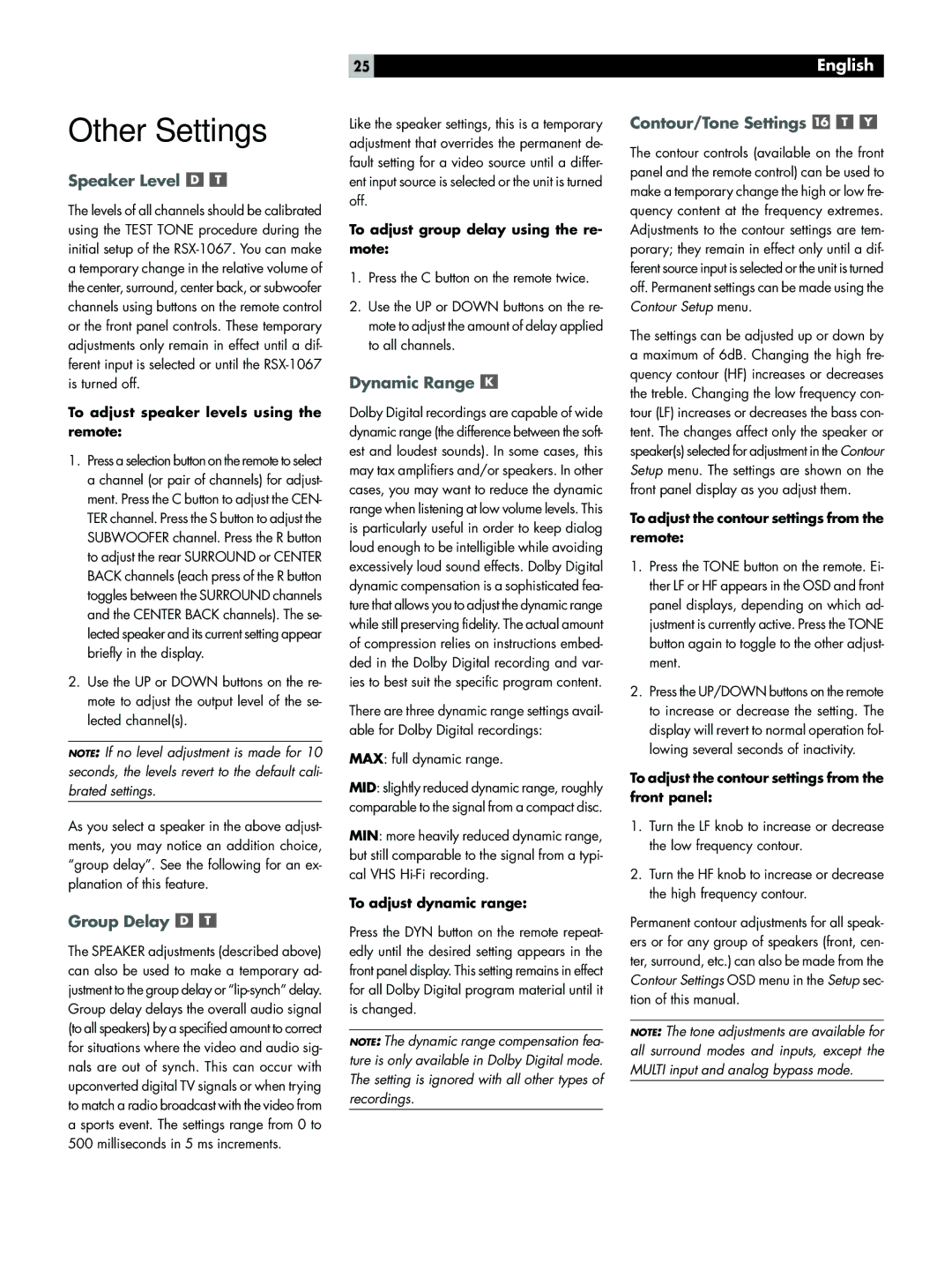 Rotel RSX-1067 owner manual Other Settings, Speaker Level, Group Delay, Dynamic Range, Contour/Tone Settings 