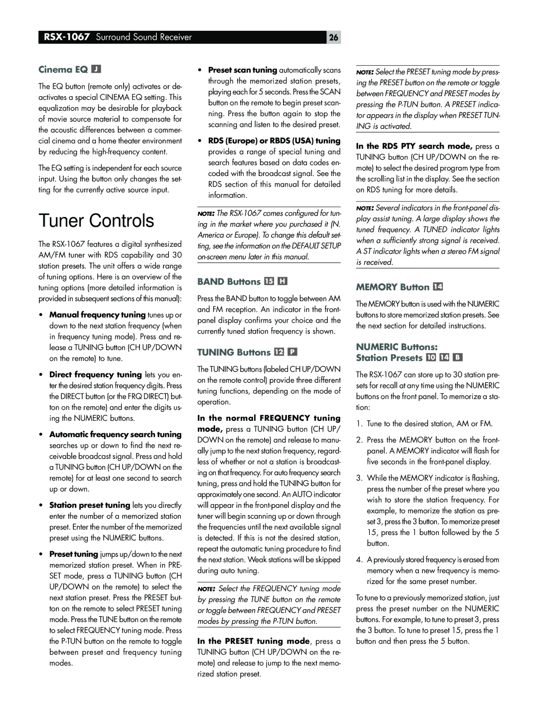 Rotel RSX-1067 owner manual Tuner Controls, Cinema EQ, Numeric Buttons Station Presets, Normal Frequency tuning 