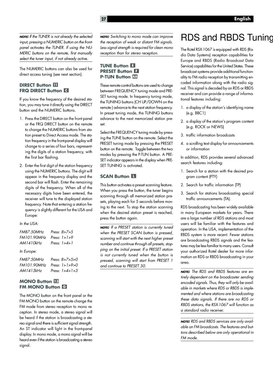 Rotel RSX-1067 owner manual RDS and Rbds Tuning 