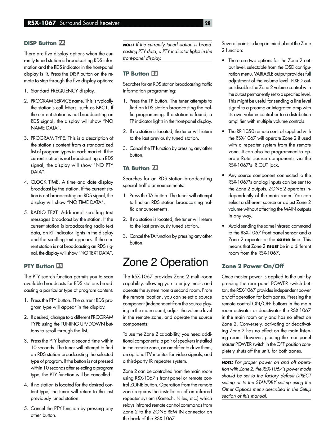 Rotel RSX-1067 owner manual Zone 2 Operation 