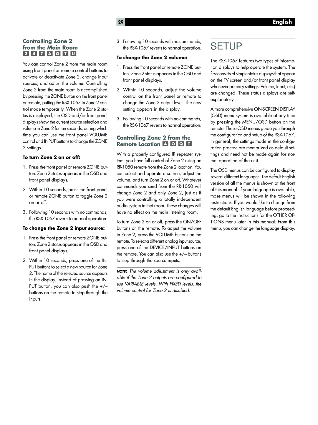 Rotel RSX-1067 owner manual Controlling Zone 2 from the Main Room, Controlling Zone 2 from the Remote Location 