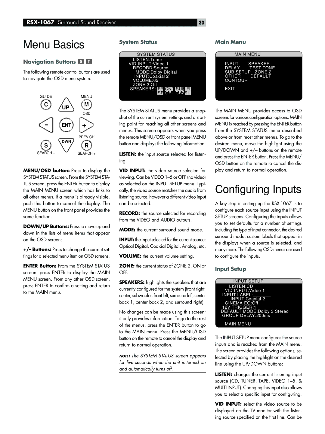 Rotel RSX-1067 owner manual Menu Basics, Configuring Inputs 