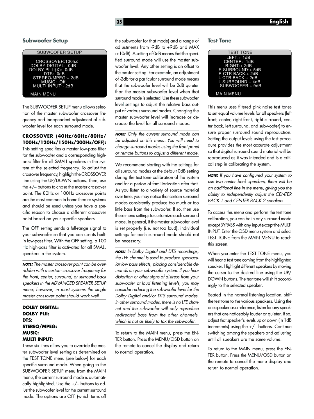 Rotel RSX-1067 owner manual Subwoofer Setup, Test Tone, Crossover 40Hz/60Hz/80Hz/ 100Hz/120Hz/150Hz/200Hz/OFF 