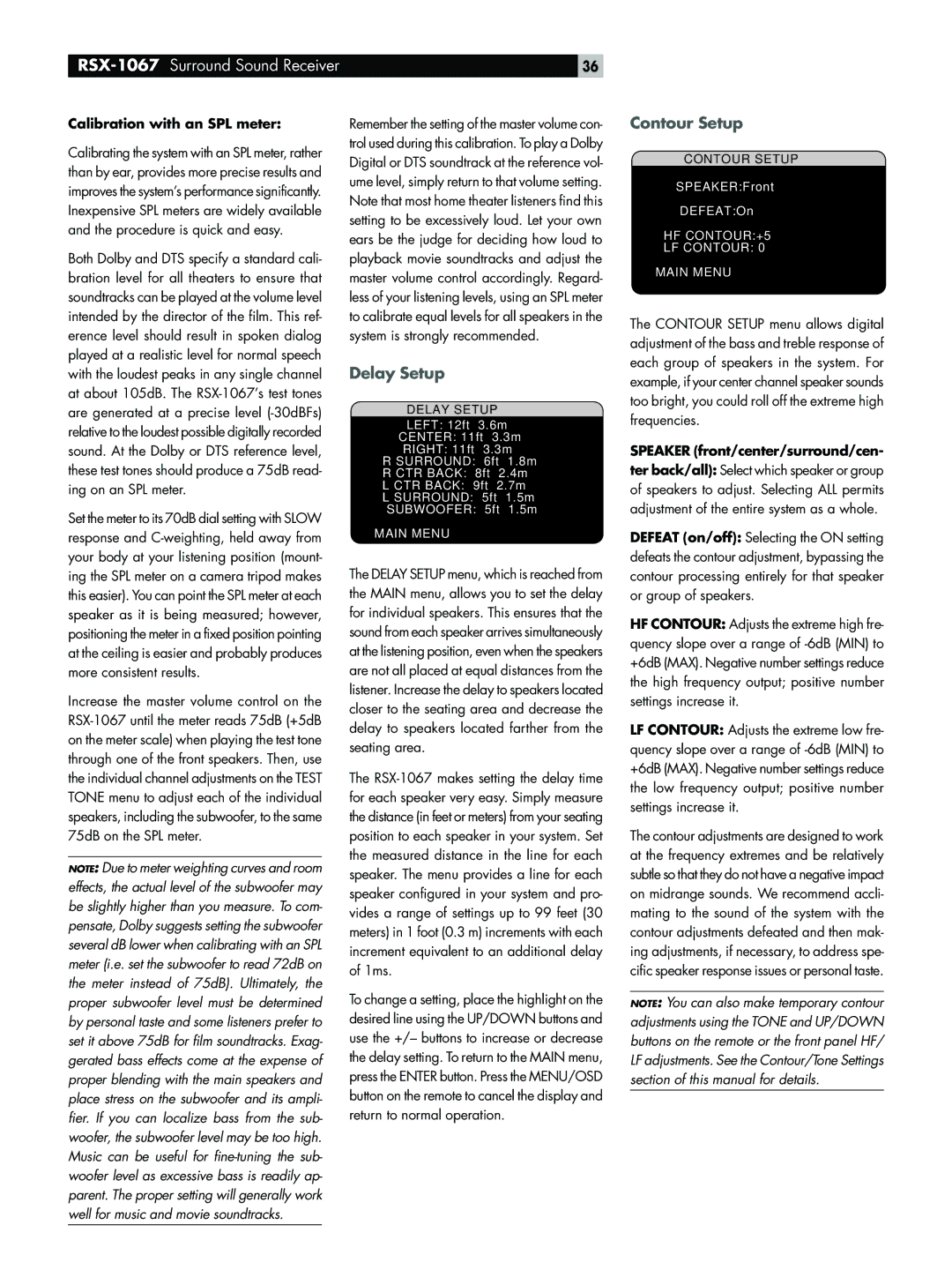 Rotel RSX-1067 owner manual Delay Setup, Contour Setup, Calibration with an SPL meter, Speaker front/center/surround/cen 