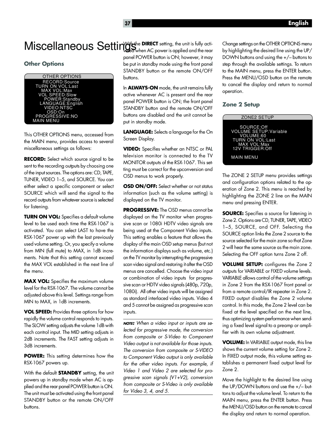 Rotel RSX-1067 owner manual Other Options, Zone 2 Setup 