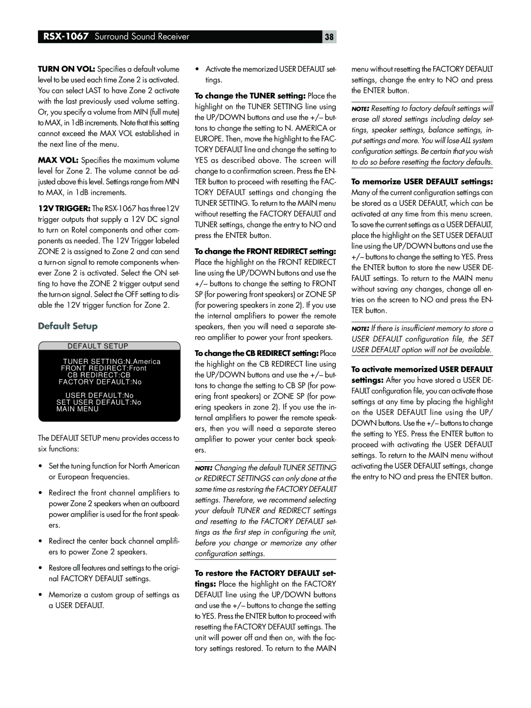 Rotel RSX-1067 owner manual Default Setup, To change the Front Redirect setting, To memorize User Default settings 