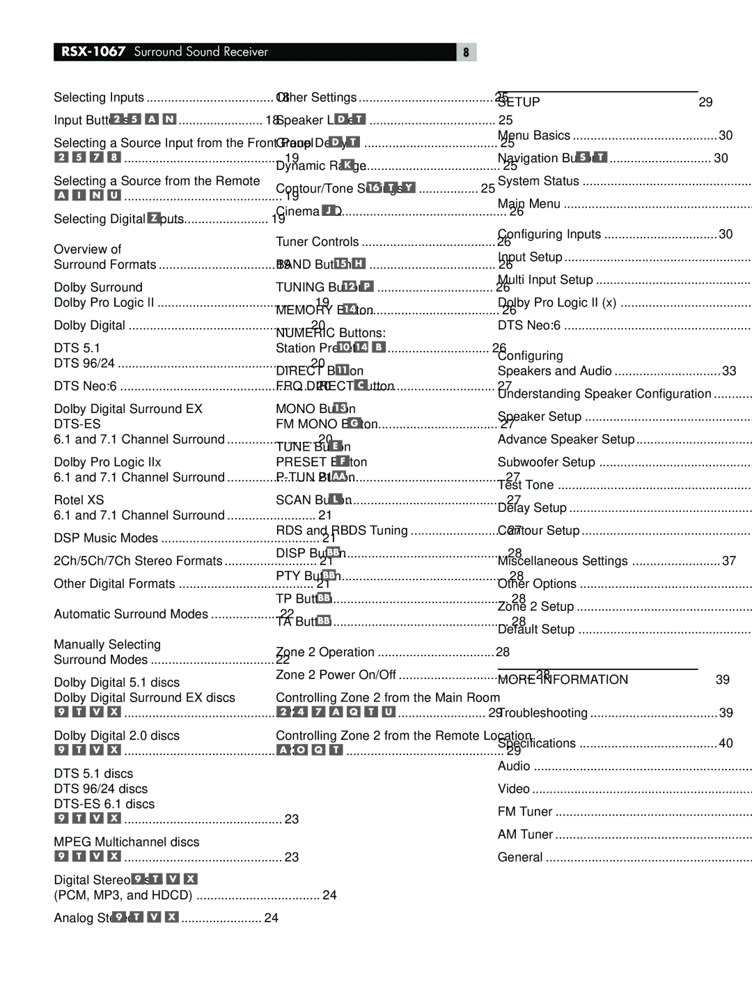 Rotel RSX-1067 owner manual Other Settings, Zone 2 Operation, Menu Basics, Specifications 