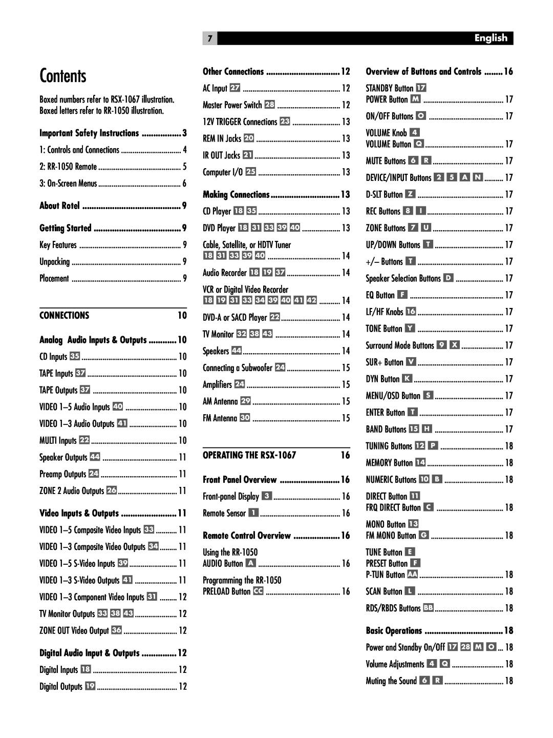 Rotel owner manual Contents, Connections, OPERATING THE RSX-1067, English 
