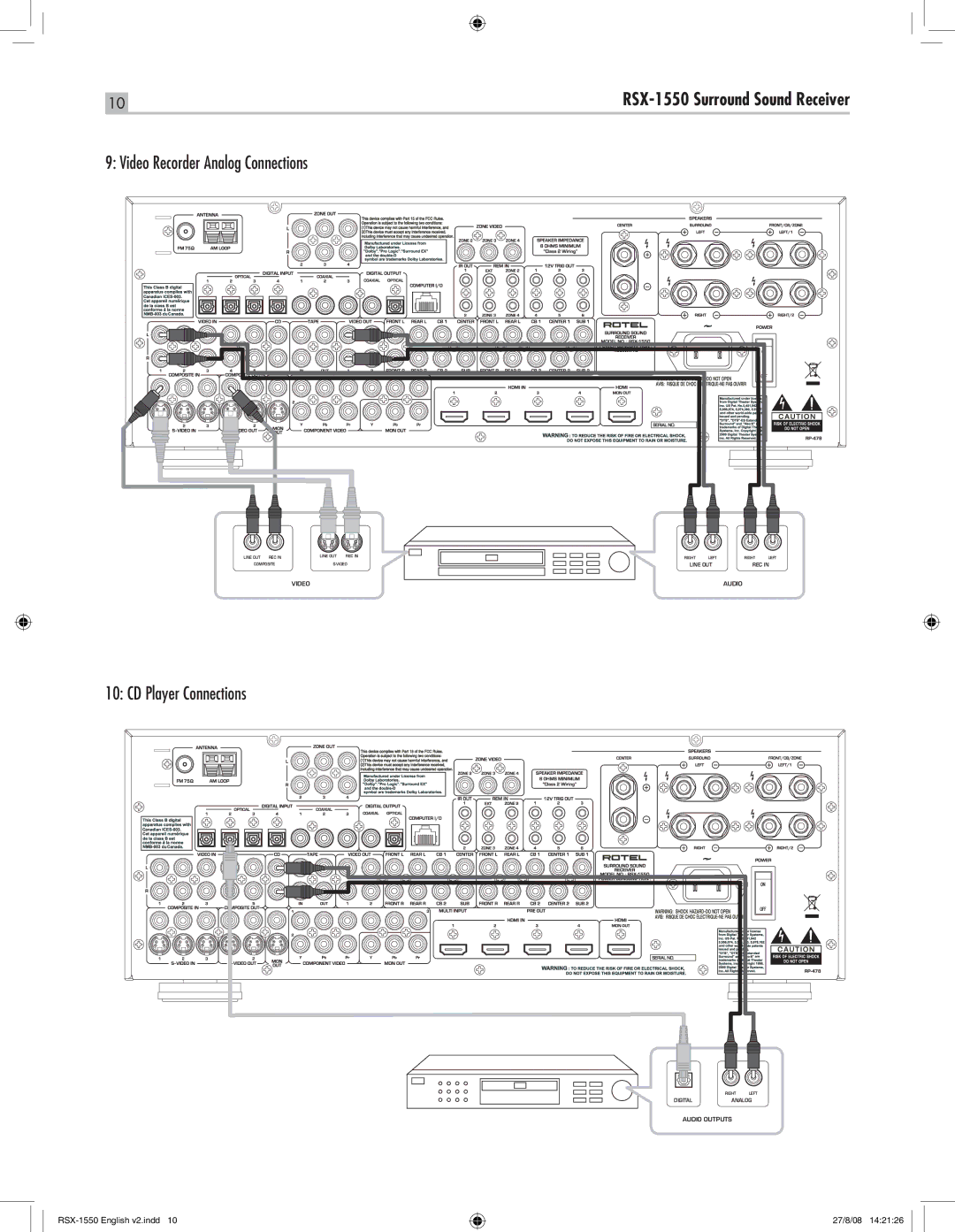 Rotel RSX-1550 owner manual Video Recorder Analog Connections CD Player Connections 