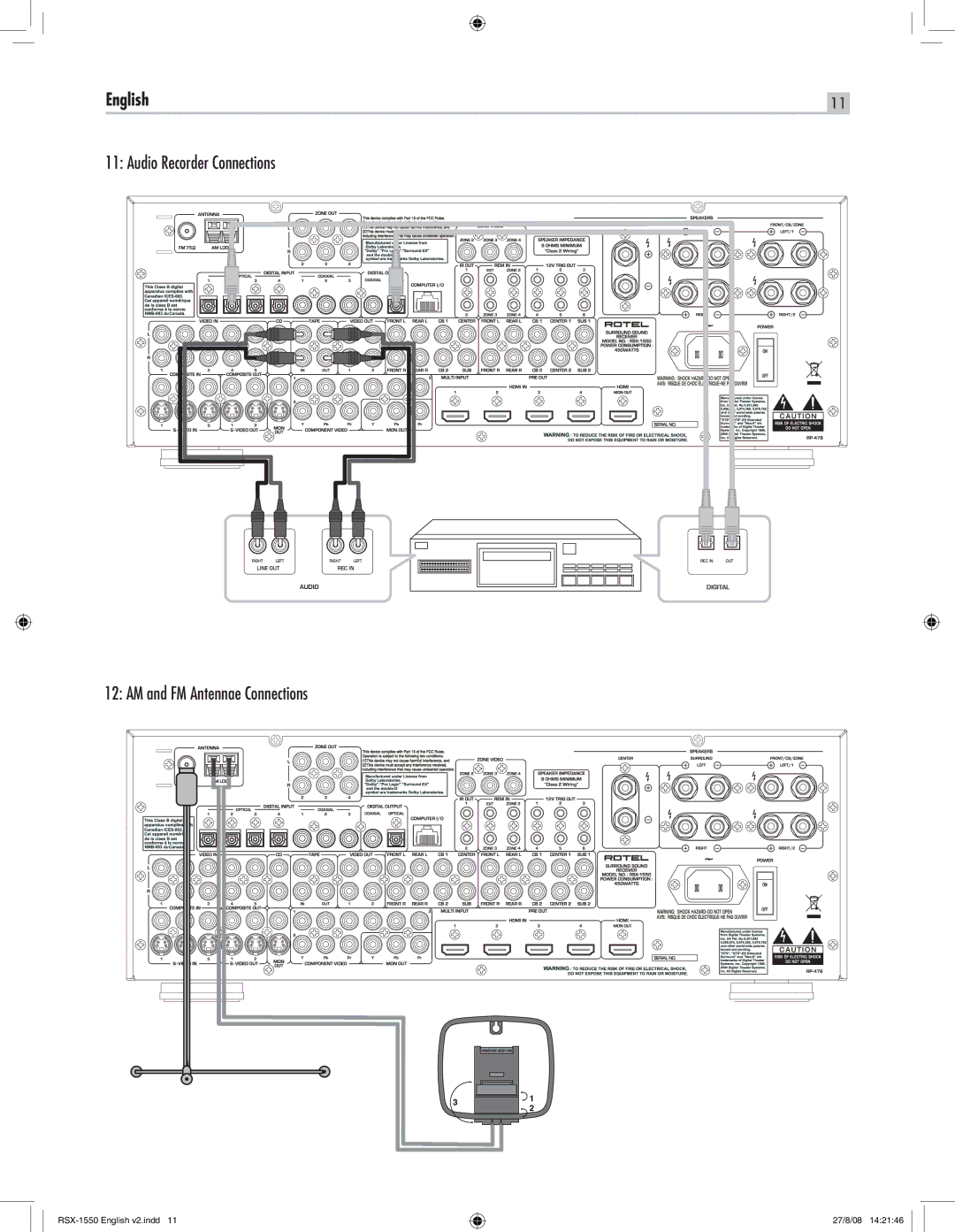 Rotel RSX-1550 owner manual Audio Recorder Connections AM and FM Antennae Connections 